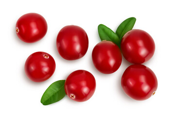 Cranberry with leaves isolated on white background with clipping path and full depth of field. Top view. Flat lay