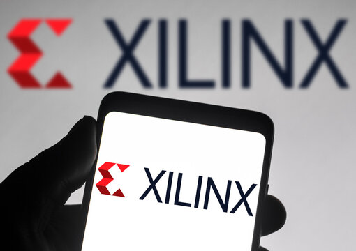 December 14, 2021, Brazil. In this photo illustration the Xilinx logo seen displayed on a smartphone and on the background.