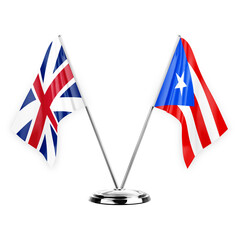 Two table flags isolated on white background 3d illustration, great britain and puerto rico