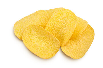 Potato chips isolated on white background with clipping path and full depth of field. Top view. Flat lay.