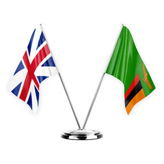 Two table flags isolated on white background 3d illustration, great britain and zambia