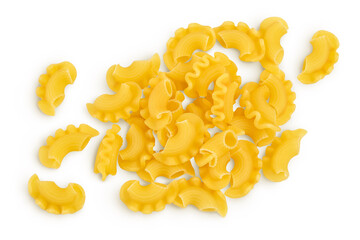 Pasta cornetti creste macaroni isolated on white background with clipping path and full depth of field. Top view. Flat lay