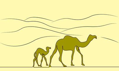 Fototapeta premium camel and camel cub advancing in the desert together