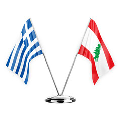 Two table flags isolated on white background 3d illustration, greece and lebanon