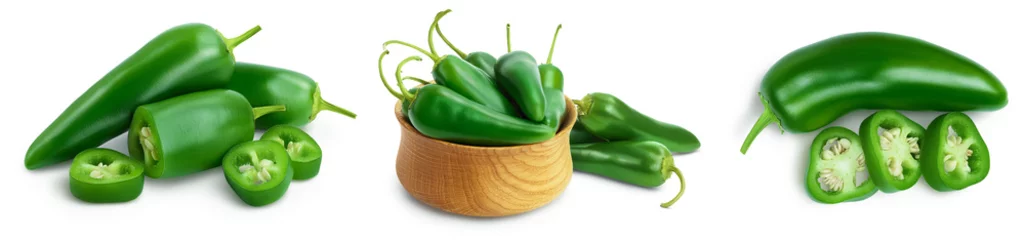 Fotobehang Chili Pepers jalapeno peppers isolated on white background. Green chili pepper with clipping path and full depth of field. Set or collection  © kolesnikovserg