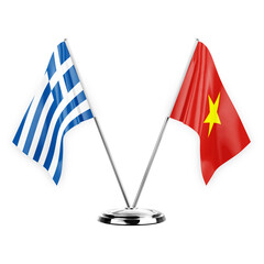 Two table flags isolated on white background 3d illustration, greece and vietnam