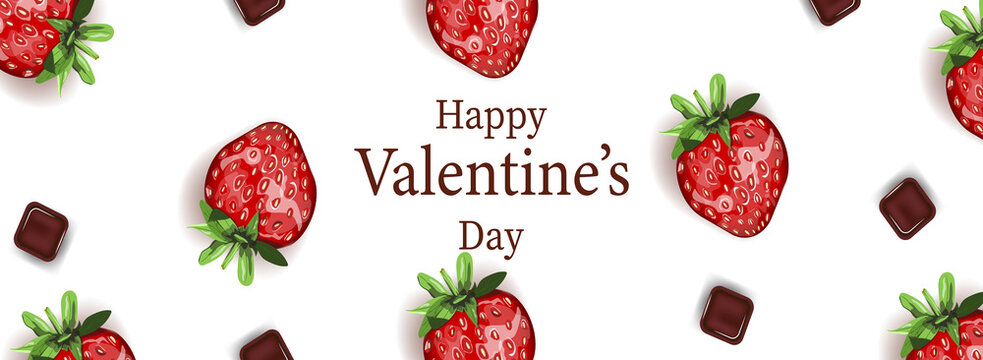 Happy Valentine's Day banner with strawberries and chocolate on white background. Template for banners, backgrounds, invitations, cards, advertisements.