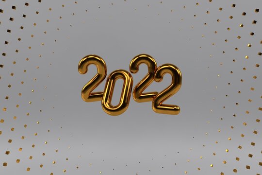 Happy New 2022 Year. Holiday vector illustration of golden metallic numbers 2022 and sparkling glitters pattern. Realistic 3d sign. Festive poster or banner design