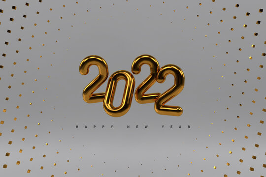Happy New 2022 Year. Holiday vector illustration of golden metallic numbers 2022 and sparkling glitters pattern. Realistic 3d sign. Festive poster or banner design