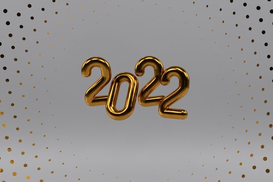 Happy New 2022 Year. Holiday vector illustration of golden metallic numbers 2022 and sparkling glitters pattern. Realistic 3d sign. Festive poster or banner design