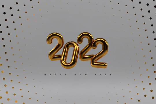 Happy New 2022 Year. Holiday vector illustration of golden metallic numbers 2022 and sparkling glitters pattern. Realistic 3d sign. Festive poster or banner design