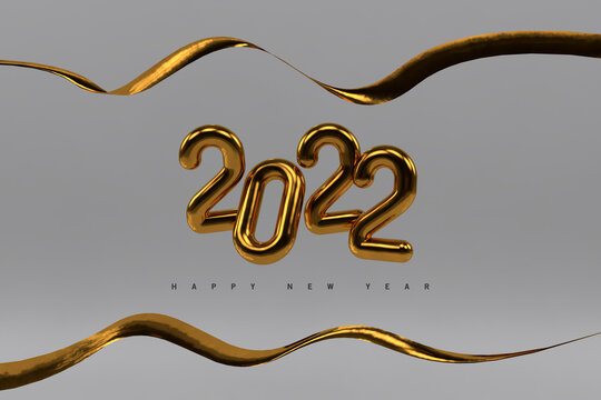 Happy New 2022 Year. Holiday vector illustration of golden metallic numbers 2022 and sparkling glitters pattern. Realistic 3d sign. Festive poster or banner design