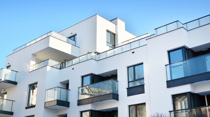  Facade of a modern apartment condominium in a sunny day. Modern condo buildings with huge windows and balconies.