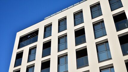 Facade of a modern apartment condominium in a sunny day. Modern condo buildings with huge windows and balconies.