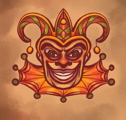 colorful hand-drawn in vintage style postcard illustration. joker, jester or clown wearing a hat smiles scary