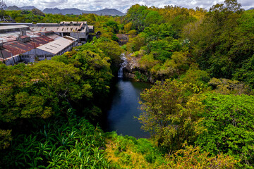 Fototapeta na wymiar Aerial view of a waterfall hidden in a forest which is located near an old factory in Mauritius