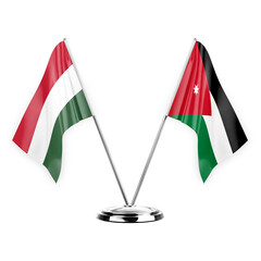 Two table flags isolated on white background 3d illustration, hungary and jordan