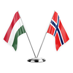 Two table flags isolated on white background 3d illustration, hungary and norway