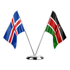 Two table flags isolated on white background 3d illustration, iceland and kenya