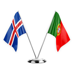 Two table flags isolated on white background 3d illustration, iceland and portugal