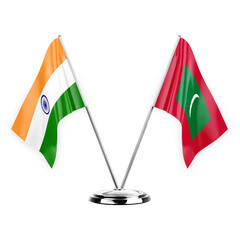 Two table flags isolated on white background 3d illustration, india and maldives