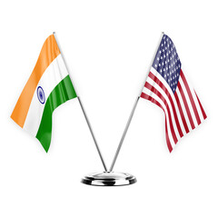 Two table flags isolated on white background 3d illustration, india and usa