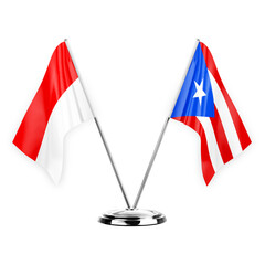 Two table flags isolated on white background 3d illustration, indonesia and puerto rico