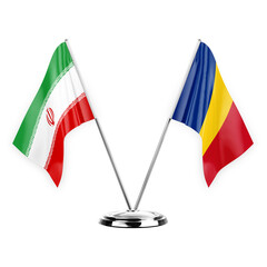 Two table flags isolated on white background 3d illustration, iran and romania