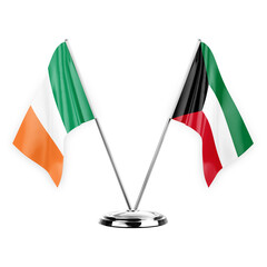 Two table flags isolated on white background 3d illustration, ireland and kuwait