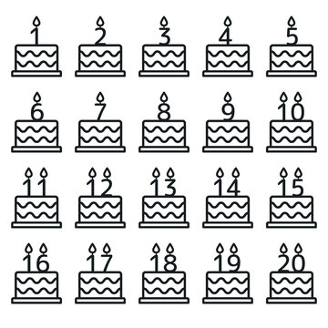 Birthday cake lined icons set with candle  numbers.