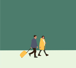 Obraz premium Man and woman with traveling bag. Romantic vacation, summer holidays, honeymoon, world travel. Travelling couple going to go on vacation.