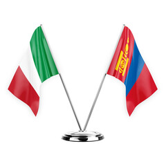 Two table flags isolated on white background 3d illustration, italy and mongolia