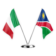 Two table flags isolated on white background 3d illustration, italy and namibia