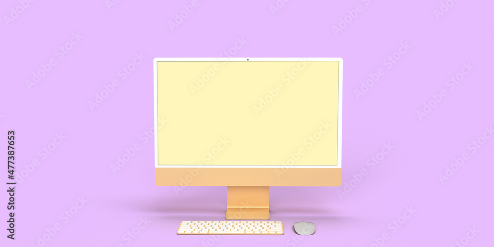 Poster computer notebook tablet laptop keyboard mouse yellow orange golden white mock up empty technology e