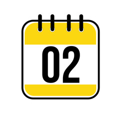 Calendar day 02. Number two on a white paper with yellow border on white background. Vector ilustration.