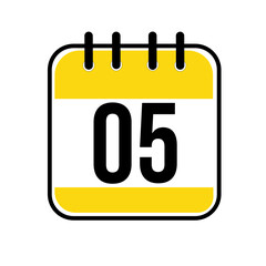 Calendar day 05. Number five on a white paper with yellow border on white background. Vector ilustration.