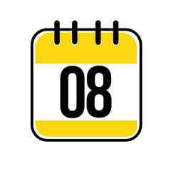 Calendar day 08. Number eight on a white paper with yellow border on white background. Vector ilustration.