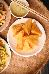 Deep fried Burmese tofu, Tai Yai food in Northern of Thailand, Table top view