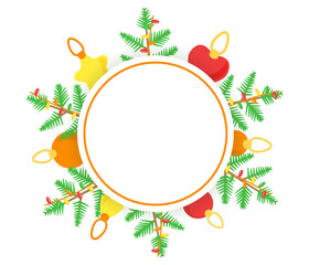 Round flat template for a website, with a Christmas theme, New Years items, design objects. Tree, wreath, branch, garlands and different toys. Background for congratulations and inscriptions. Vector