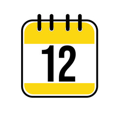 Calendar day 12. Number twelve on a white paper with yellow border on white background. Vector ilustration.