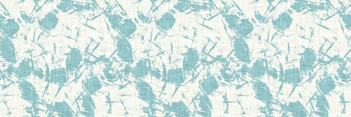 Aegean teal streaked border strip linen texture background. Coastal summer style home decor fabric effect. Sea green wash grunge edge material. Decorative textile mottle seamless pattern banner. 