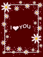 Valentine's Day invitation card, flyer, booklet vector design template. Dark red background with white frame, flowers and hearts
