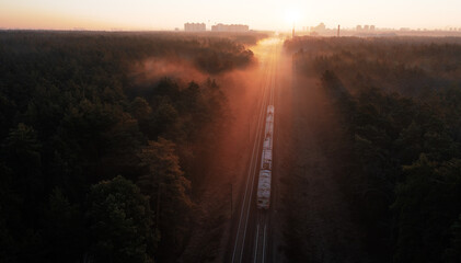 Top view of freight train, motion blur.