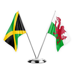 Two table flags isolated on white background 3d illustration, jamaica and wales