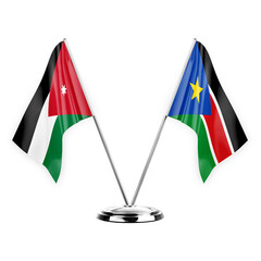 Two table flags isolated on white background 3d illustration, jordan and south sudan