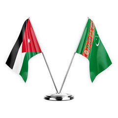 Two table flags isolated on white background 3d illustration, jordan and turkmenistan