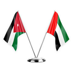 Two table flags isolated on white background 3d illustration, jordan and united arab emirates