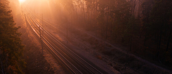 Leere Bahnstrecke im Wald bei Sonnenuntergang oder Morgendämmerung.