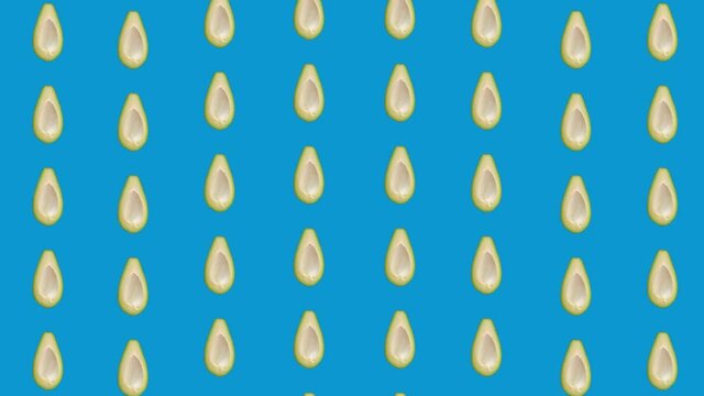Colorful fruit pattern of fresh avocados on blue background. Seamless pattern with avocado. Realistic animation. 4K video motion