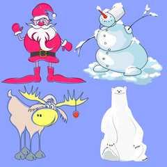 hand drawn santa claus, polar bear, elk and snowman for new year card
